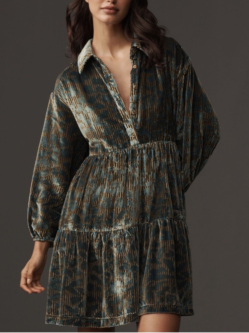 🟠NWT MAEVE by ANTHROPOLOGIE Bettina Velvet Tiered Mini Shirt Dress in Olive XS